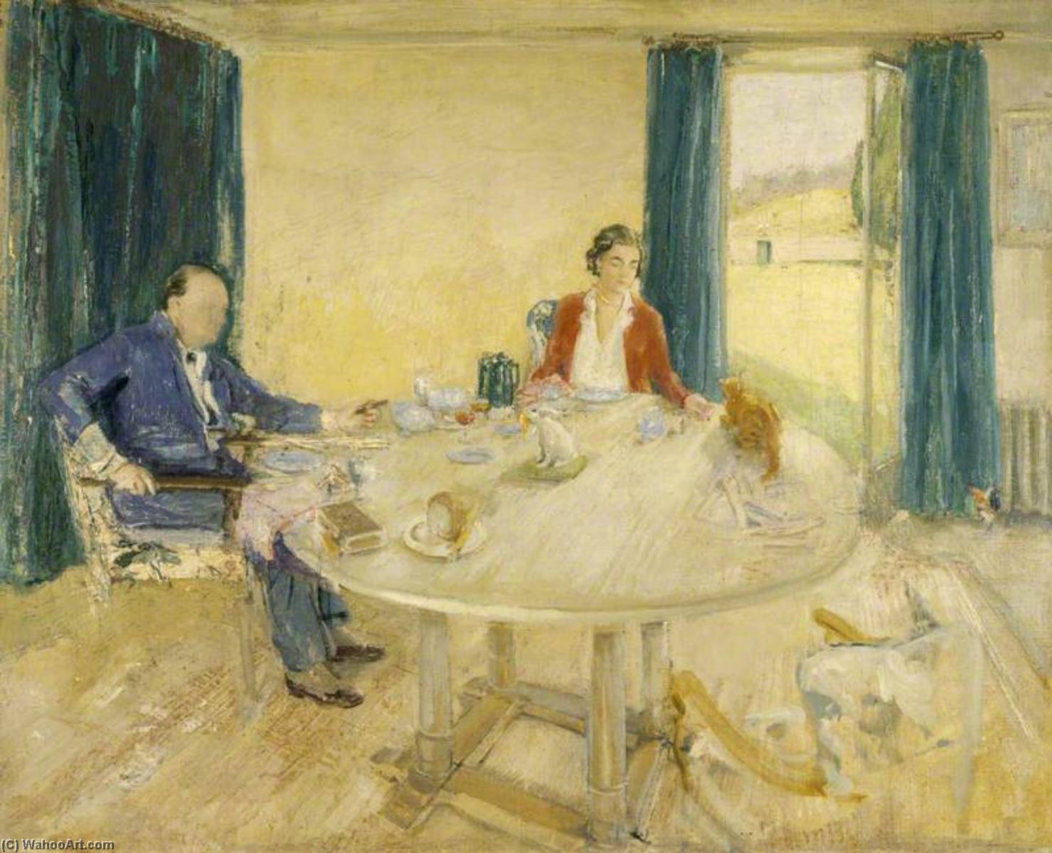 Study For 'breakfast At Chartwell Ii' (sir Winston Churchill, 1874–1965, And Clementine Ogilvy Hozier, 1885–1977, Lady Churchill, In The Dining Room At Chartwell, With Their Cat 'tango') — Уильям Никсон