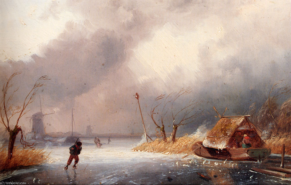 A Winter Landscape With Skaters On A Frozen Waterway — Charles Henri Joseph Leickert
