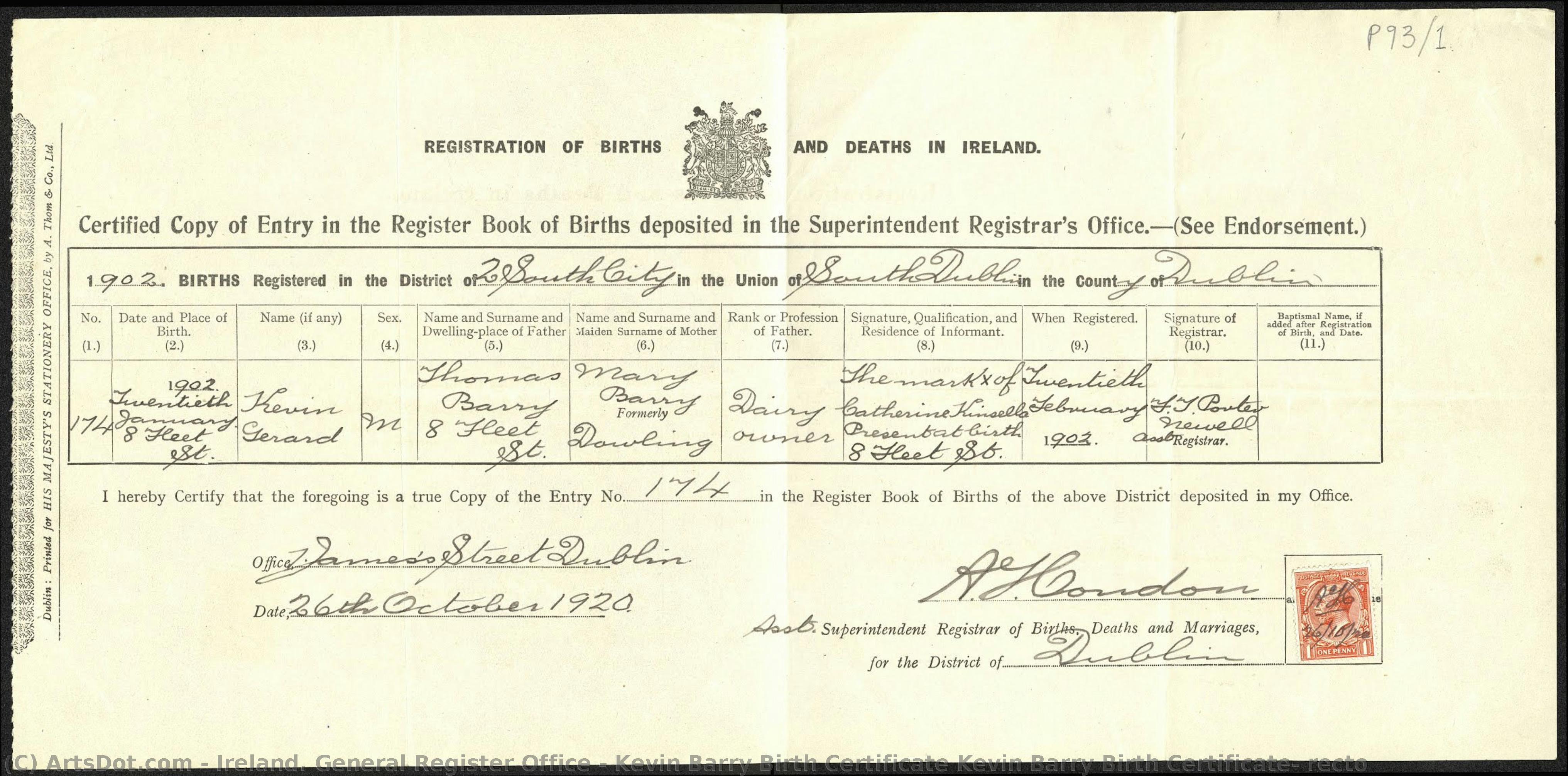 Kevin Barry Birth Certificate Kevin Barry Birth Certificate: Recto — Ireland. General Register Office