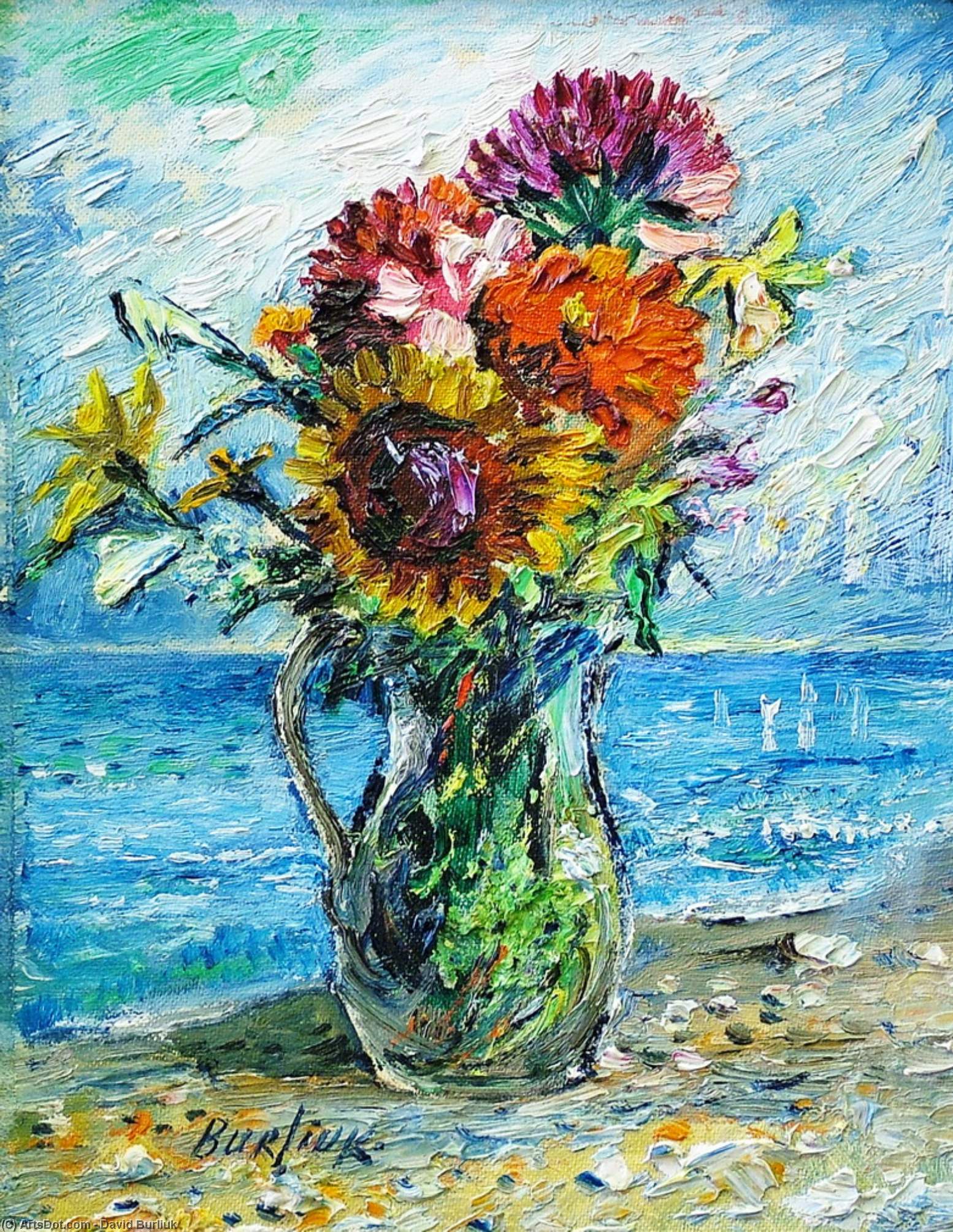 Bouquet Of Wild Flowers With Ocean Background — David Davidovich Burliuk