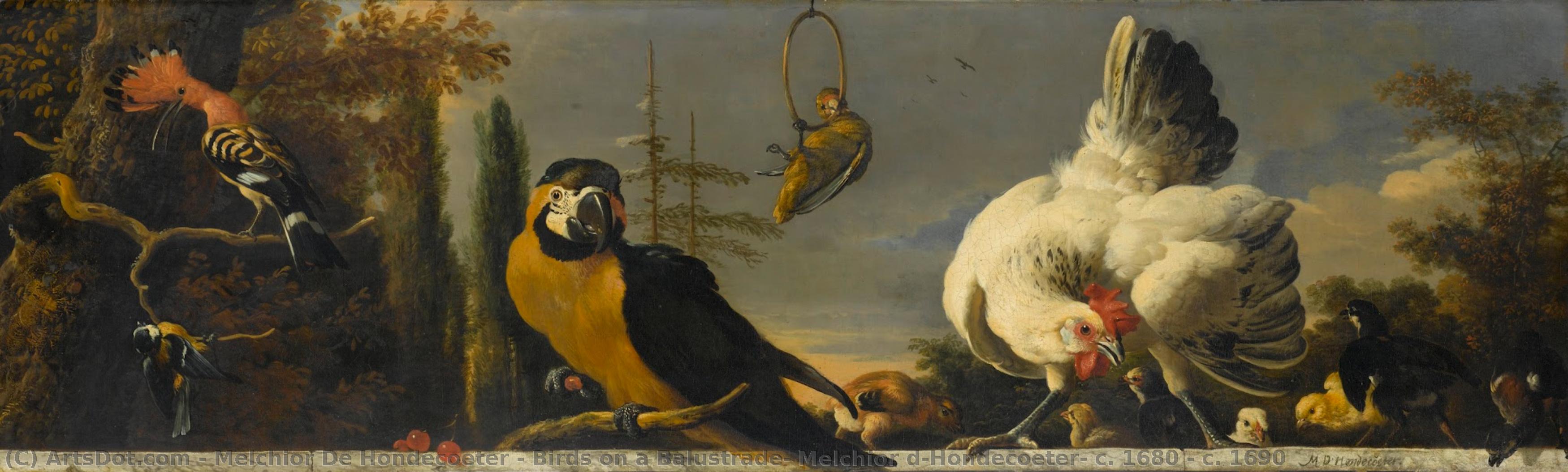 Birds On A Balustrade, Melchior D"hondecoeter, C. 1680 - C. 1690 — Melchior De Hondecoeter