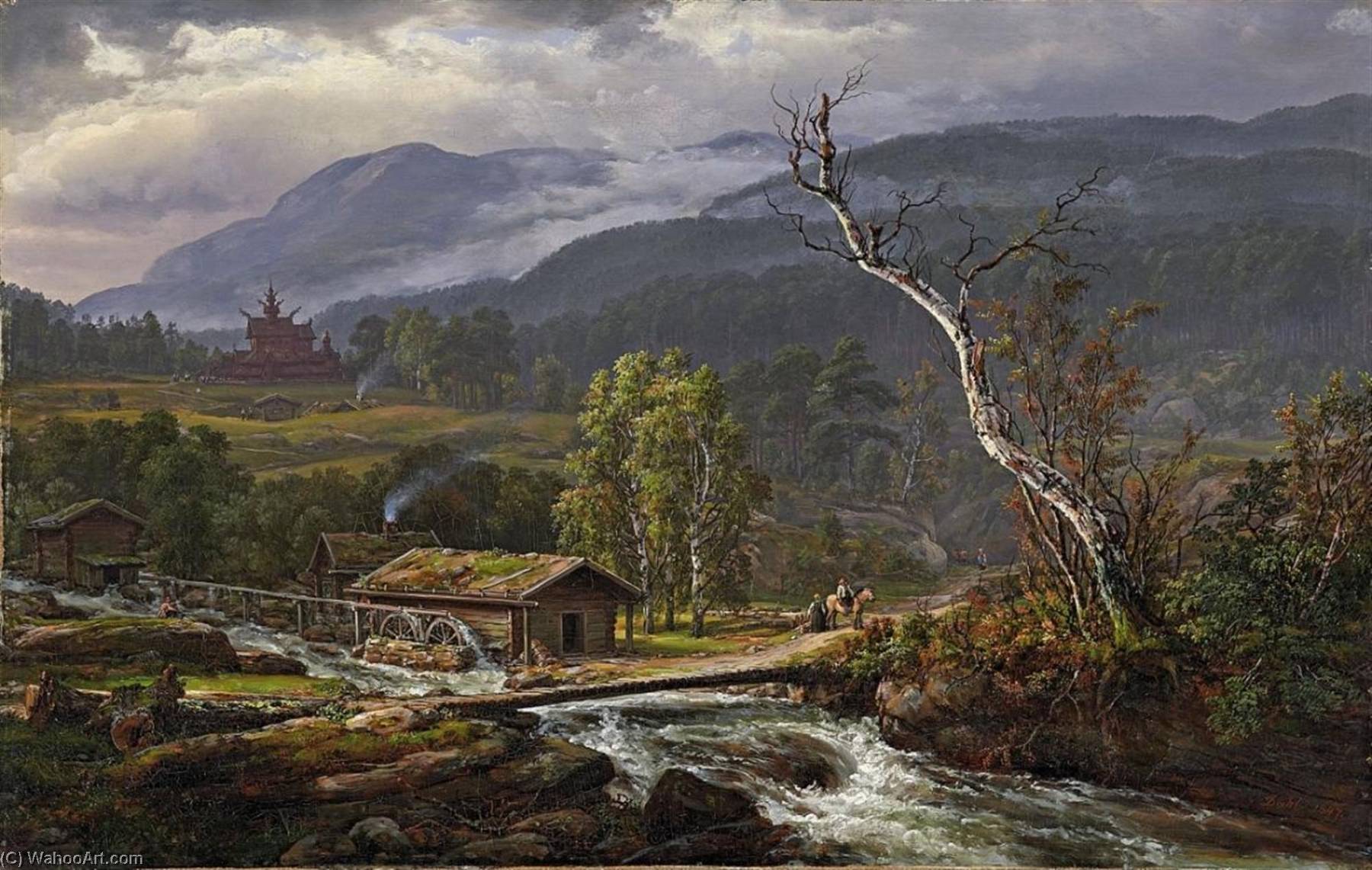 Norwegian Landskapet På Kaupanger Med Stavkyrkje Landskap Med Stavkirke Landscape At Kaupanger With Stave Church — Johan Christian Claussen Dahl