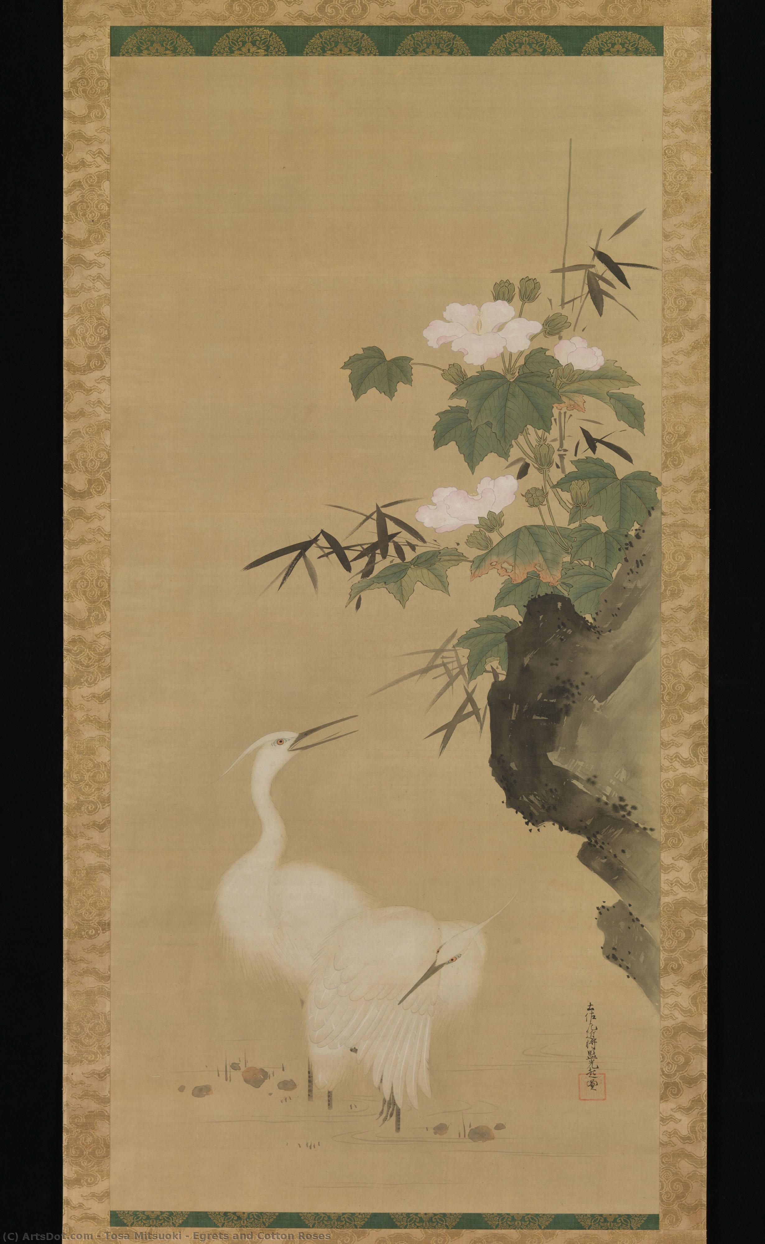 Egrets And Cotton Roses — Tosa Mitsuoki