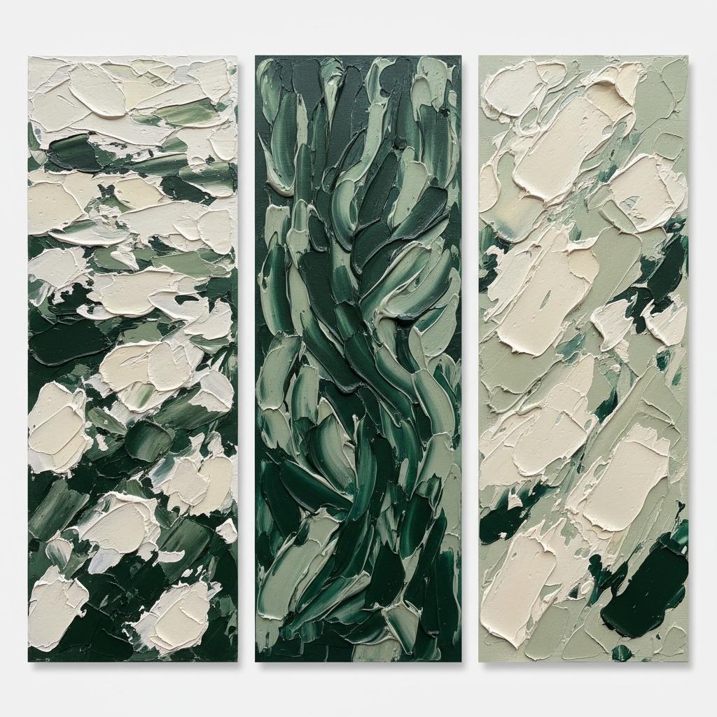 Ethereal Currents In Forest Green: A Monumental Triptych Of Organic Impasto Motion — Laurent Fabre
