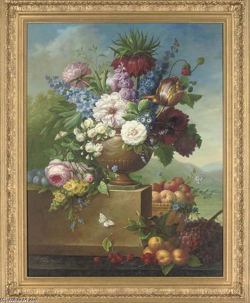 Tulips, Peonies, Roses And Other Flowers In An Urn, An Extensive Landscape Beyond — Thomas George Webster