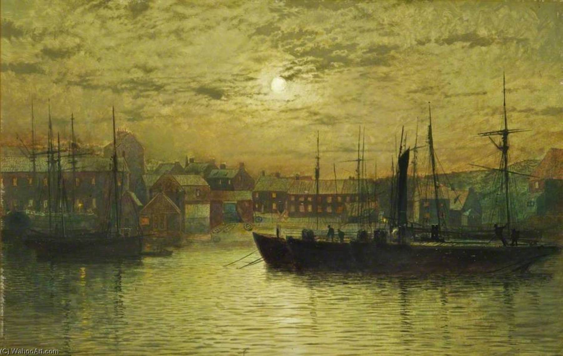The Harbour At Whitby By Moonlight — Džon Atkinson Grimšo