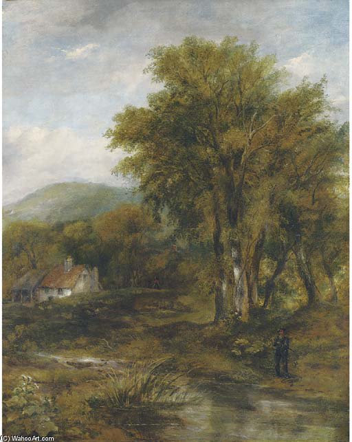 An Angler In A Wooded River Landscape, A Cottage Beyond — Frederick Waters (william) Watts