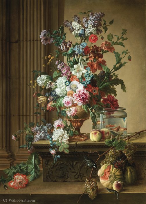 An Elaborate Still Life Of Flowers In An Urn Resting On A Stone Ledge With Goldfish In A Glass Bowl, — Gerard Van Spaendonck