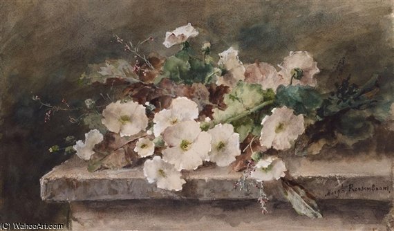Hollyhock Stems On A Stone Table — Margaretha Roosenboom