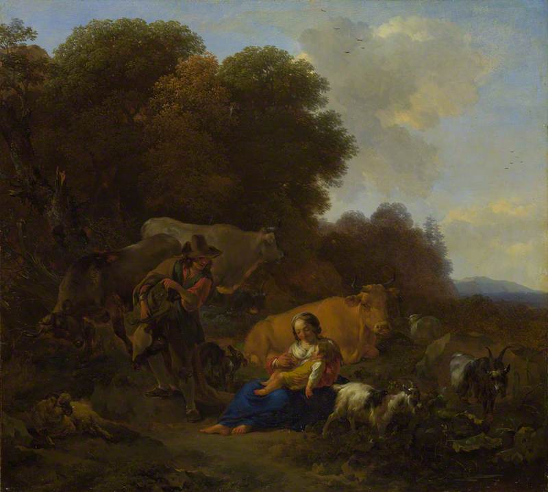 A Peasant Playing A Hurdy Gurdy To A Woman And Child In A Woody Landscape, With Oxen, Sheep And Goats — Nicolaes Pietersz Berchem