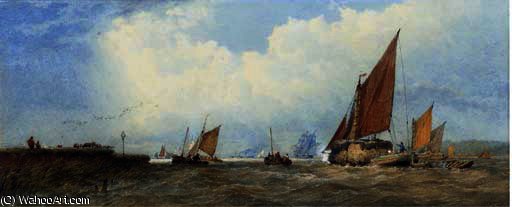 A View On The Thames With A Haybarge And Boats — Edward Duncan