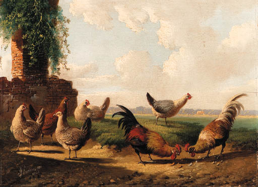 Roosters And Chickens By A Ruin; And Rooster And Hen With Chicks — Albertus Verhoesen