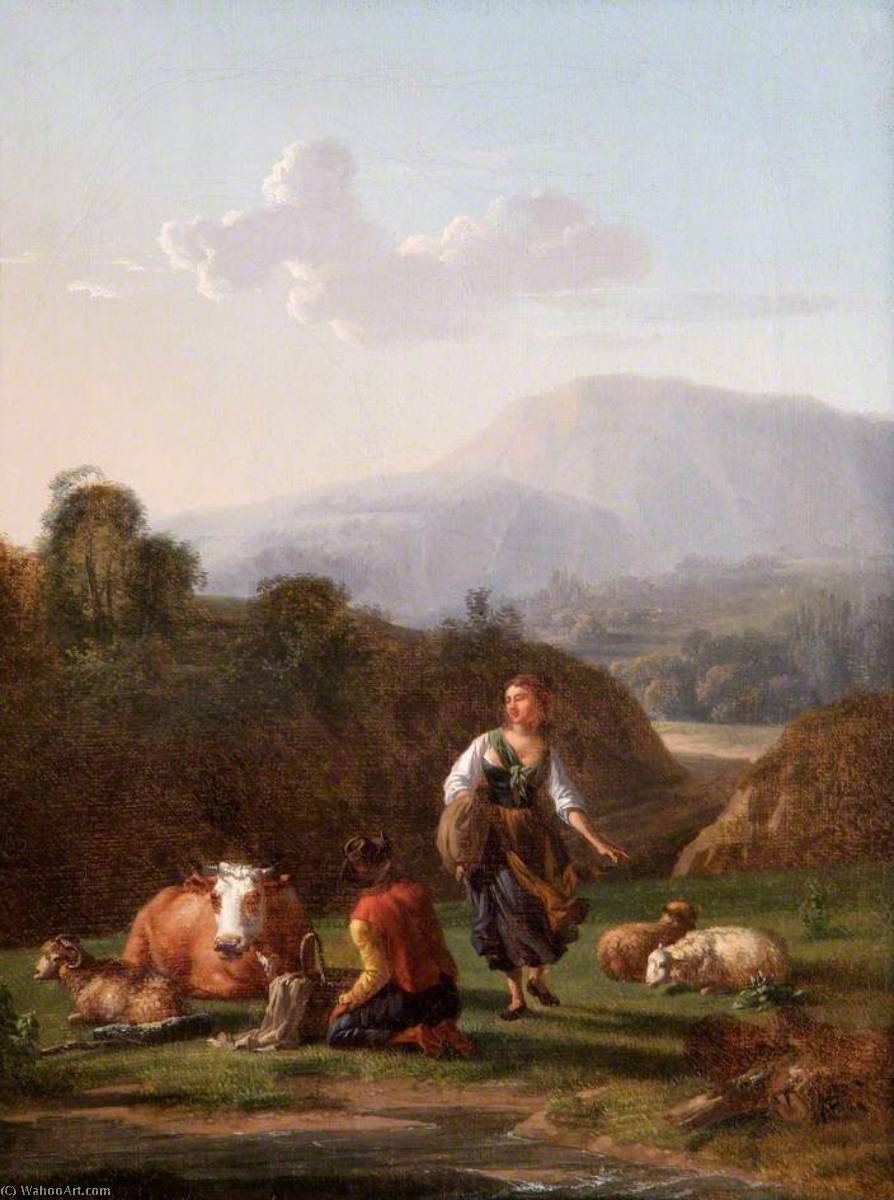 The River Bank Landscape With Figures And Cattle — Karel Dujardin
