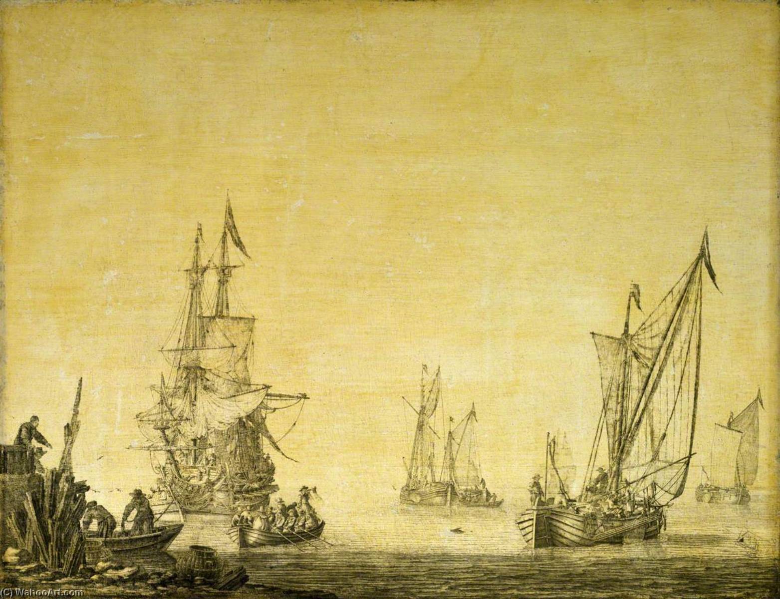 Calm A Kaag Sailing Out From The End Of A Pier — Willem Van De Velde Der Ältere