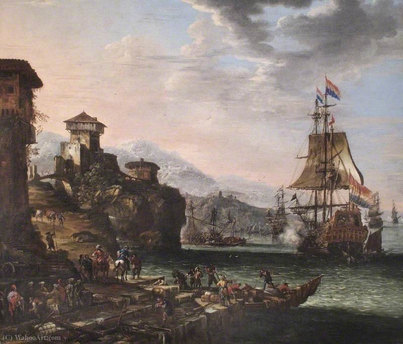 Italian Port Scene With Vessels Saluting — Johannes Lingelbach
