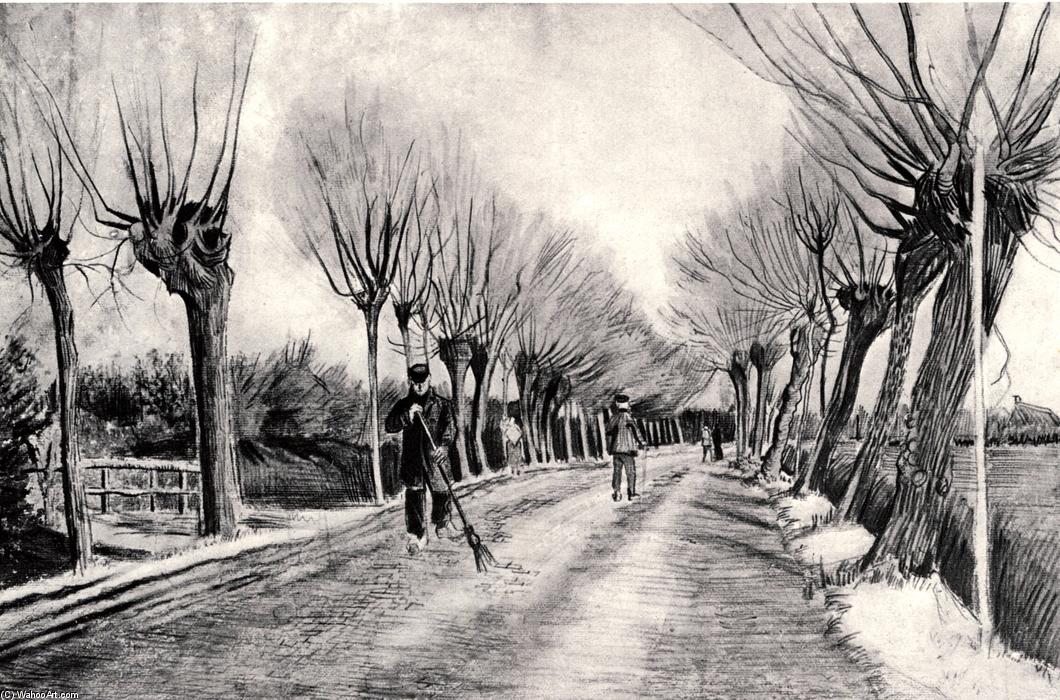 Straße Mit Blütenwillows Und Mann Mit Besen — Vincent Willem Van Gogh