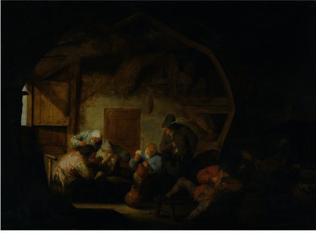 The Interior Of A Barn With Peasants Playing Cards Around A Stool — Adriaen Van Ostade