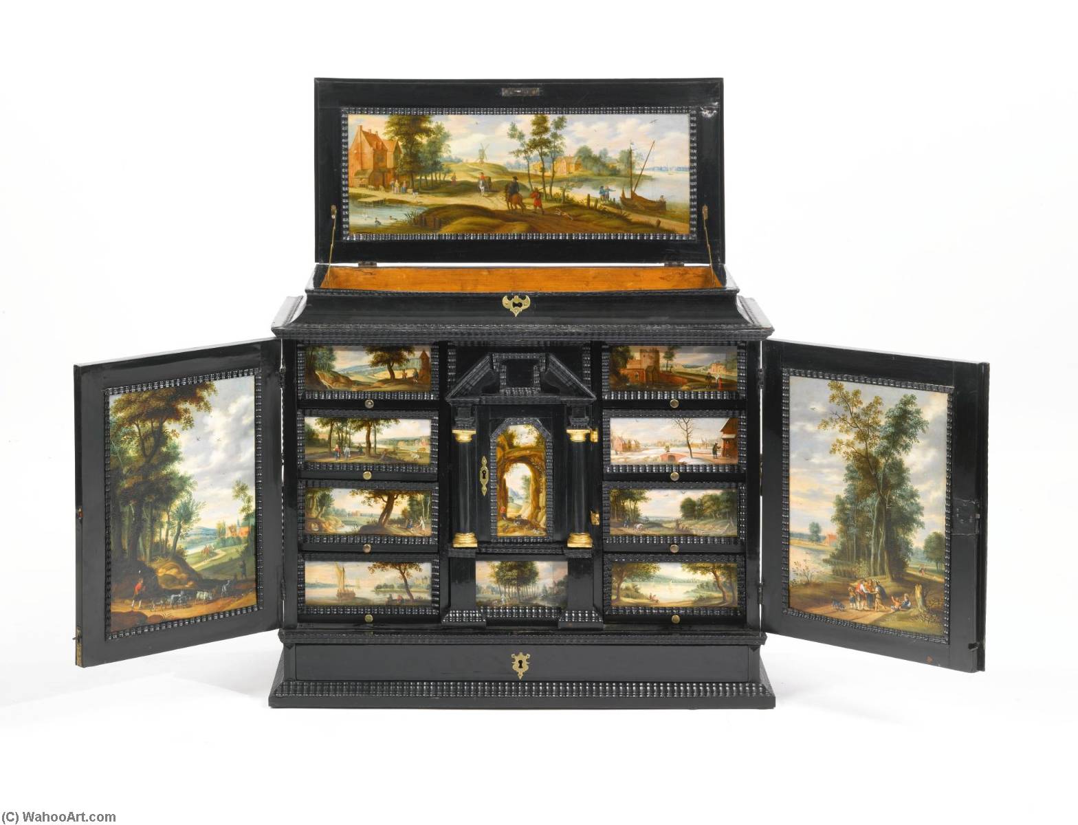 A Late Renaissance Antwerp Ebony Veneered Cabinet, Circa 1645, With Village Landscapes And Scenes From Daily Life — Isaac Van Oosten
