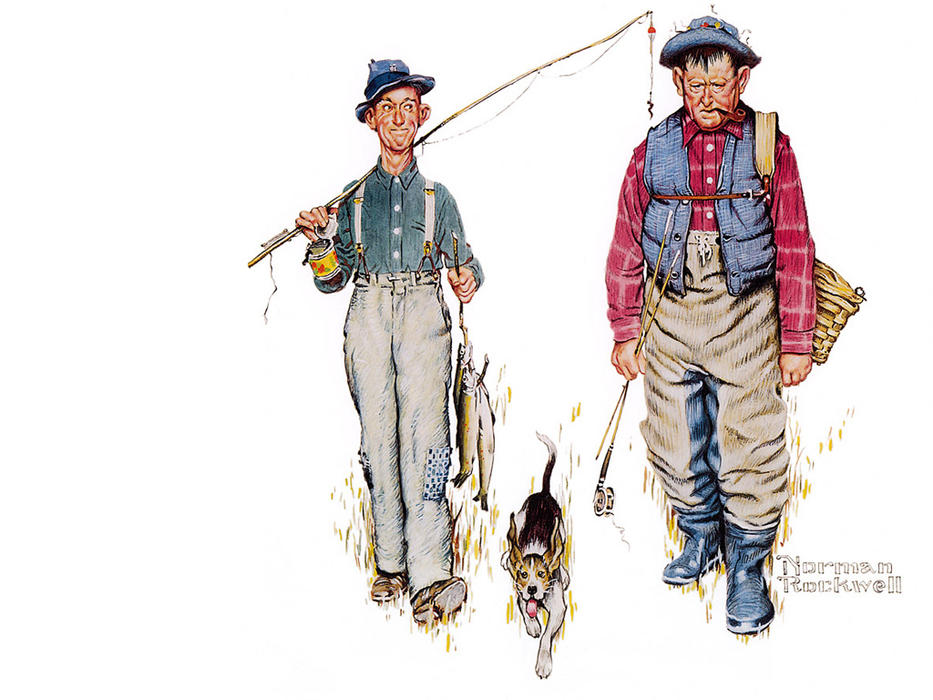 Two Old Men And Dog — Norman Rockwell