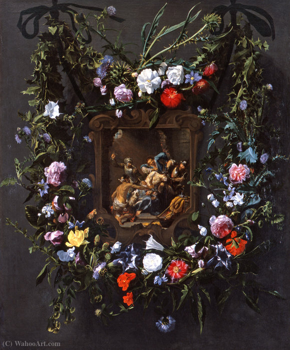 A Garland Of Flowers Surrounding A Mocking Of Christ — Simon De Vos
