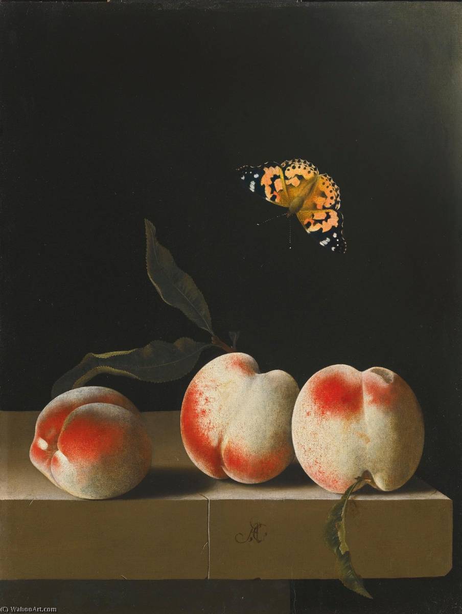 English Three Peaches On A Stone Ledge With A Painted Lady Butterfly — After Adriaen Coorte