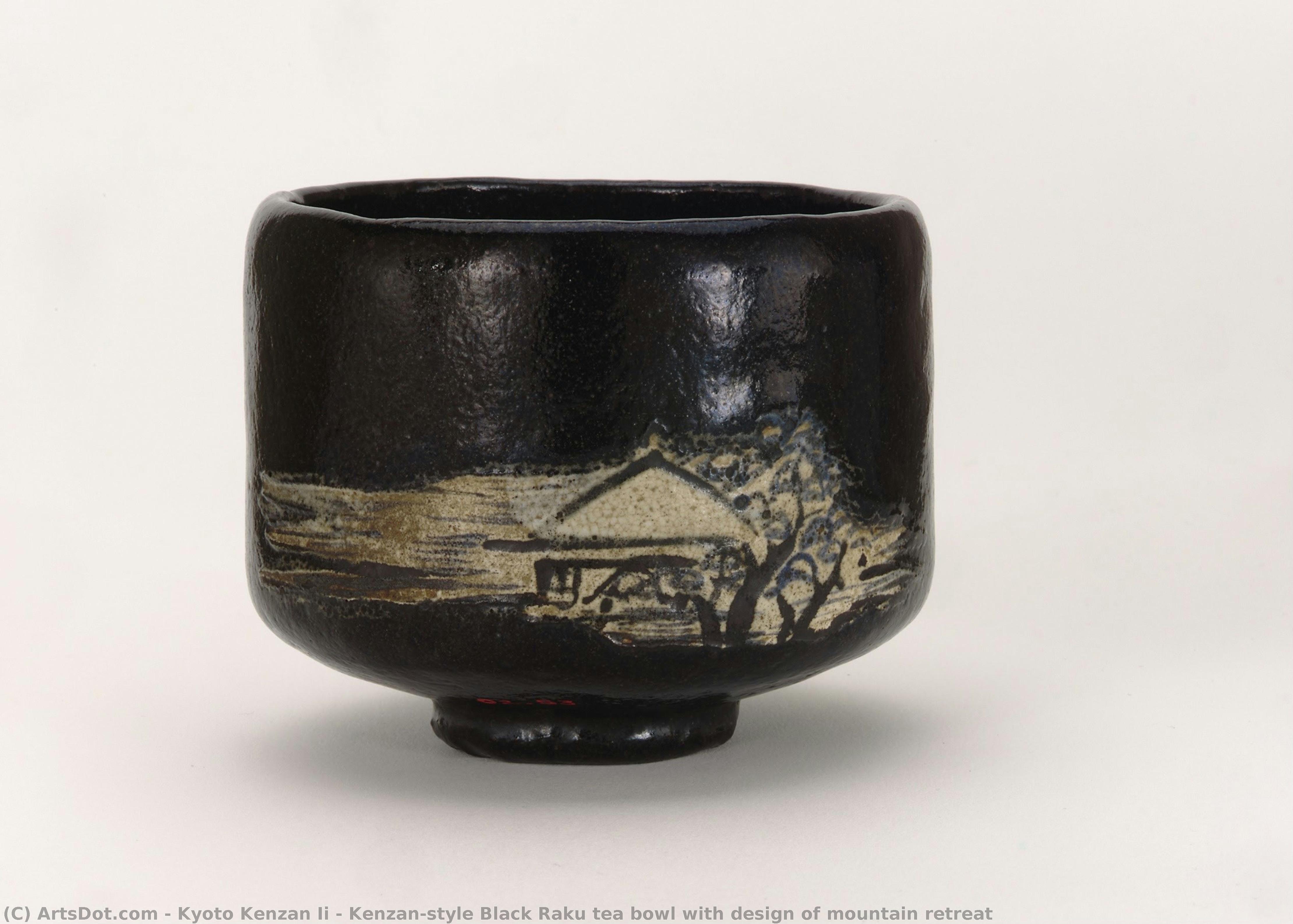 Kenzan-style Black Raku Tea Bowl With Design Of Mountain Retreat — Kyoto Kenzan Ii