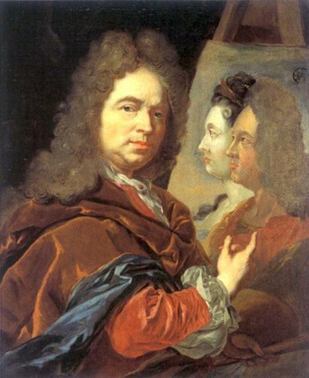 Selbstbildnis Mit Dem Bildnis Des Kurfürstenpaares Johann Wilhelm Und Anna Maria Luisa — Johan Francois Douven