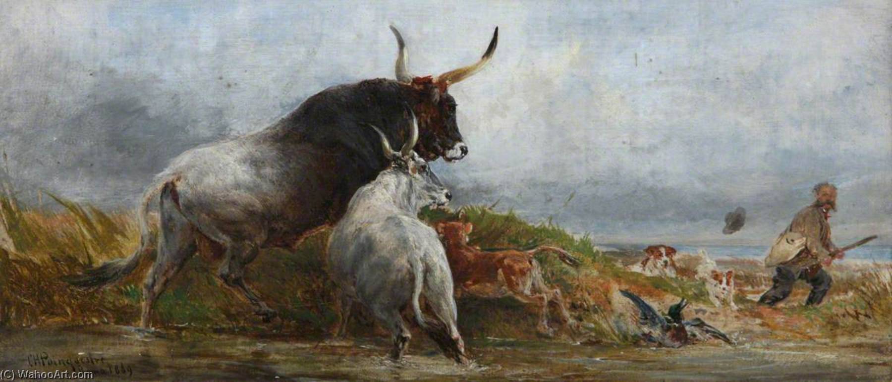 Alarmed Cattle Chasing A Wild Fowler — Charles Poingdestre