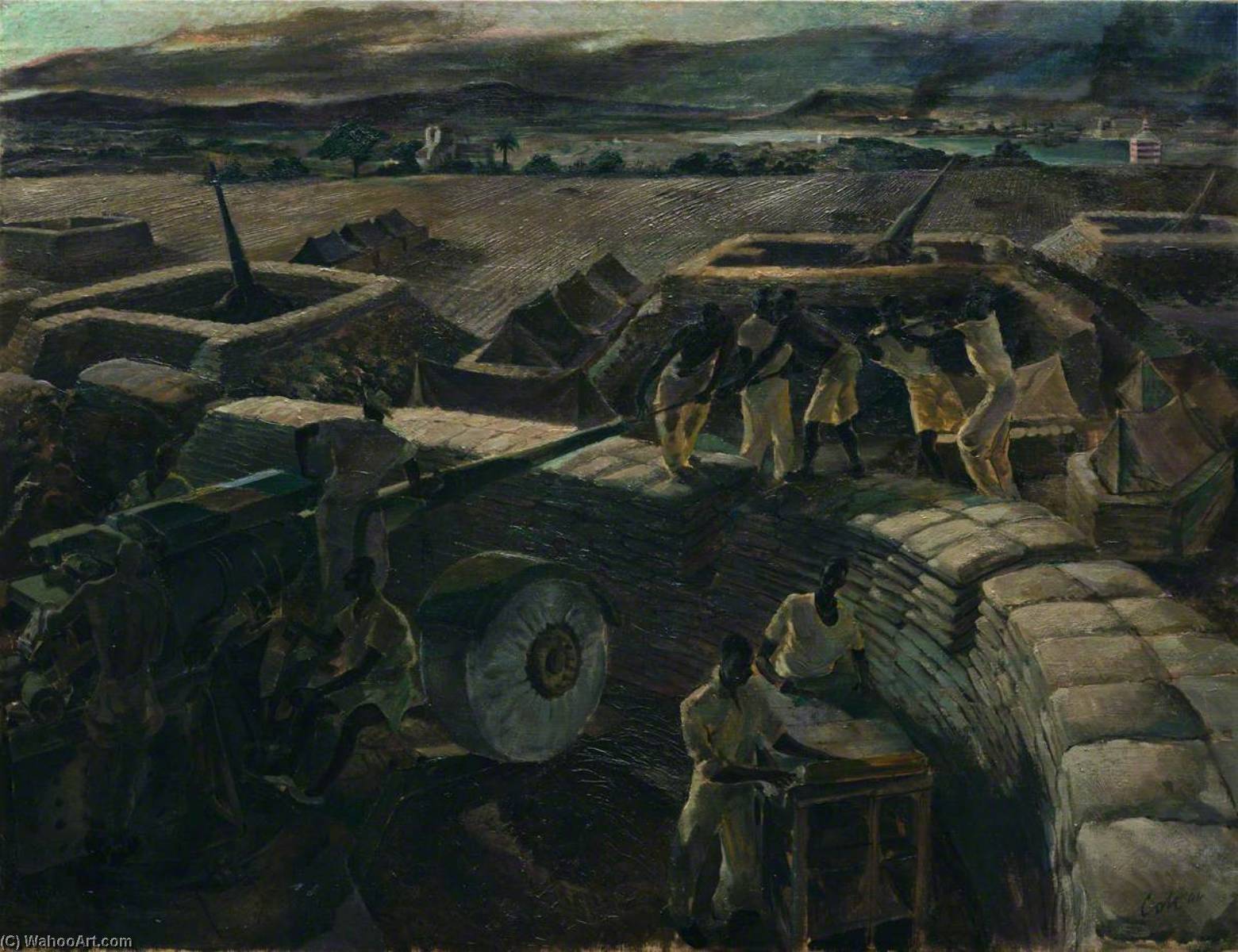 Bechuanaland Boys Cleaning Anti Aircraft Guns In The Twilight After Action, Syracuse, Sicily — Leslie Cole