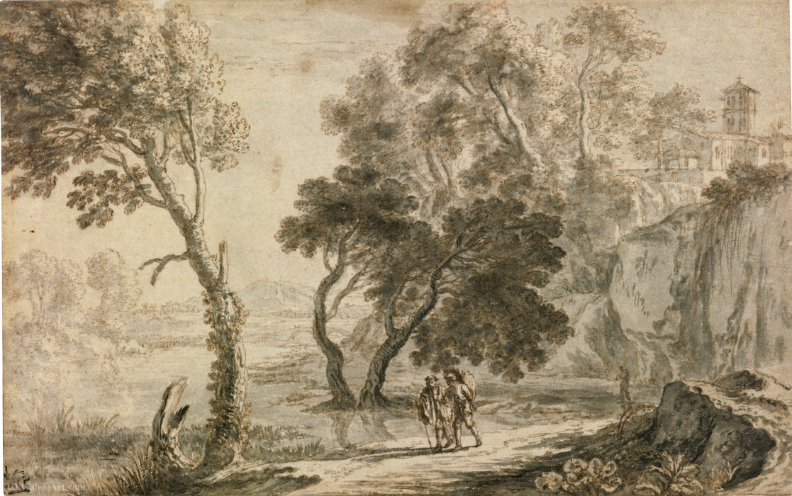 An Italianate Landscape, With Figures Walking In The Foreground (morning) — Herman Van Swanevelt