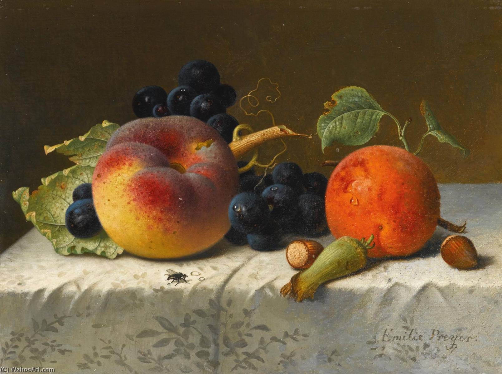 Still Life With Peach, Apricot, Grapes And Hazelnuts On A Tablecloth — Emilie Preyer