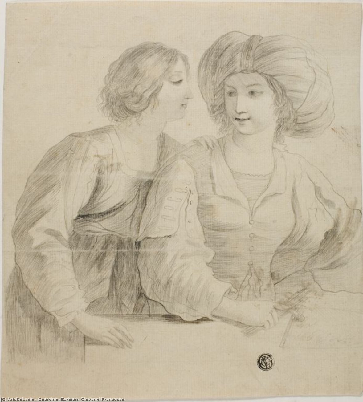 Two Young Women, One Wearing Turban, In Conversation — Guercino