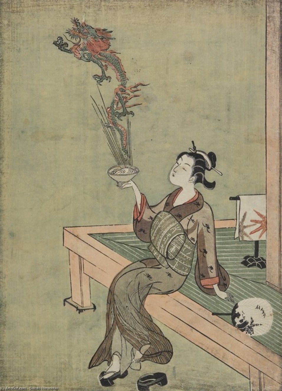 Woman Likened To Chinese Hermit Handling Dragon — Suzuki Harunobu