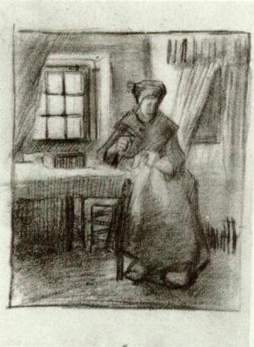 Interior With Peasant Woman Sewing — Vincent Willem Van Gogh