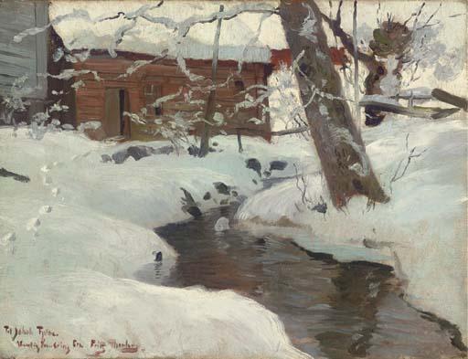 A Snow-covered Cottage By A Stream — Frits Thaulow
