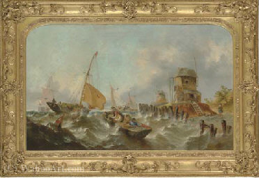 Fishing Off A Jetty With A Windmill In The Distance — William Calcott Knell