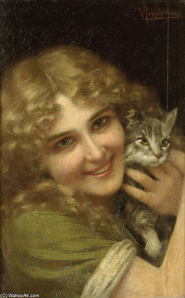 Young Woman With A Kitten — Vittorio Reggianini