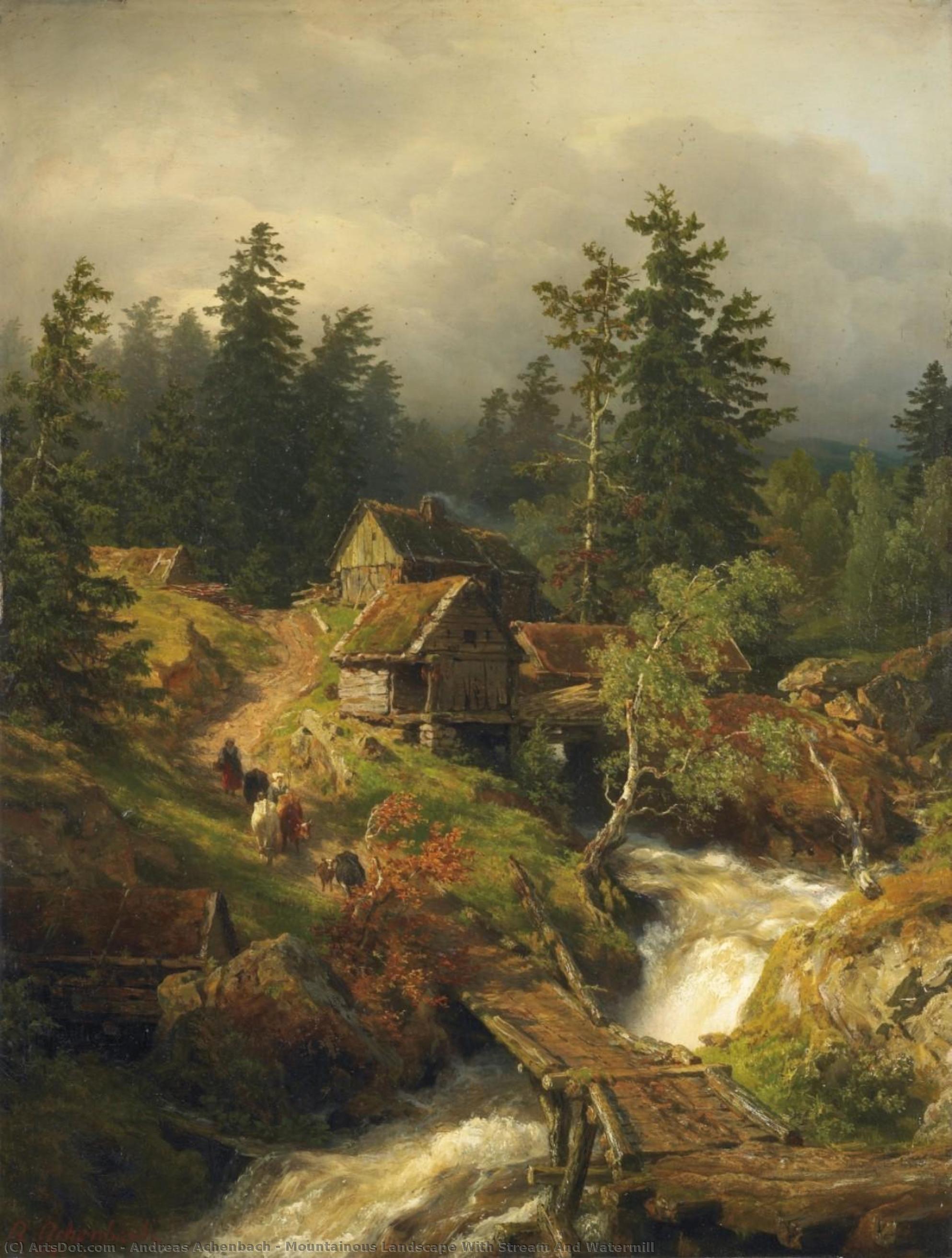 Mountainous Landscape With Stream And Watermill — Андреас Аченбах