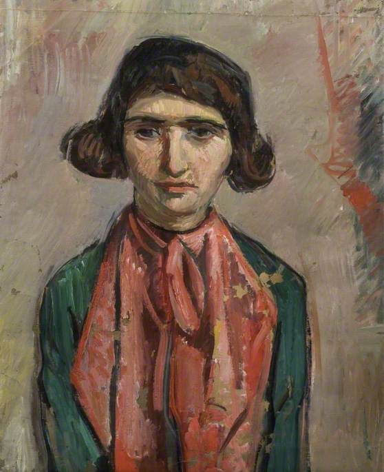 Portrait Of A Woman With A Red Silk Scarf And A Green Dress — Theodor Kern