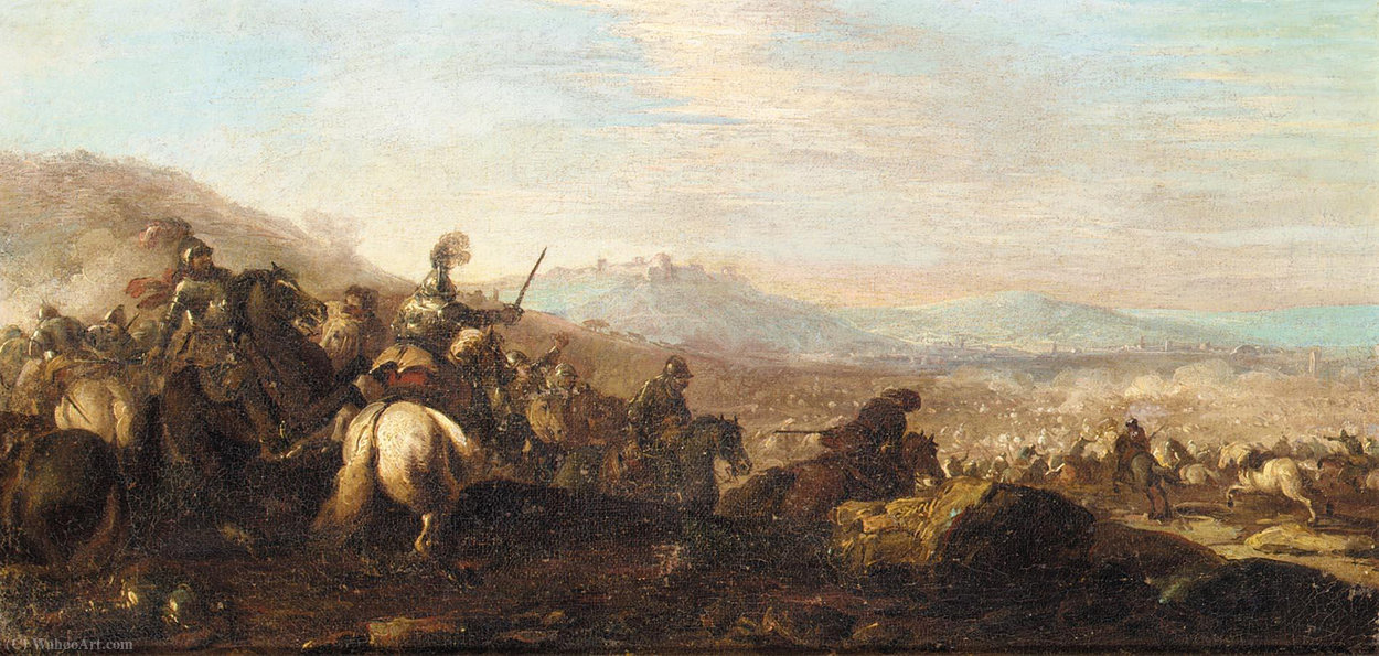 Cavalry Battle With A Town In The Distance To The Right — Pandolfo Reschi