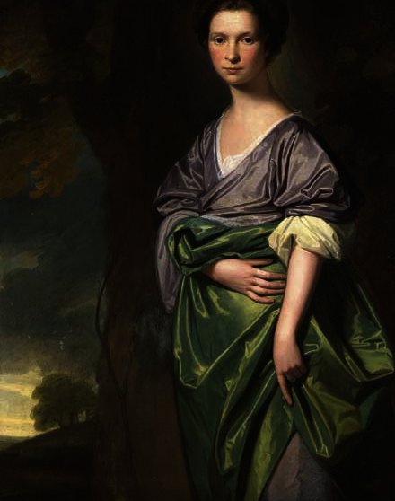 Portrait Of Mrs. James Fletcher, Three-quarter-length, In A Lilac Dress With A Green Wrap, In A Wooded Landscape — George Romney