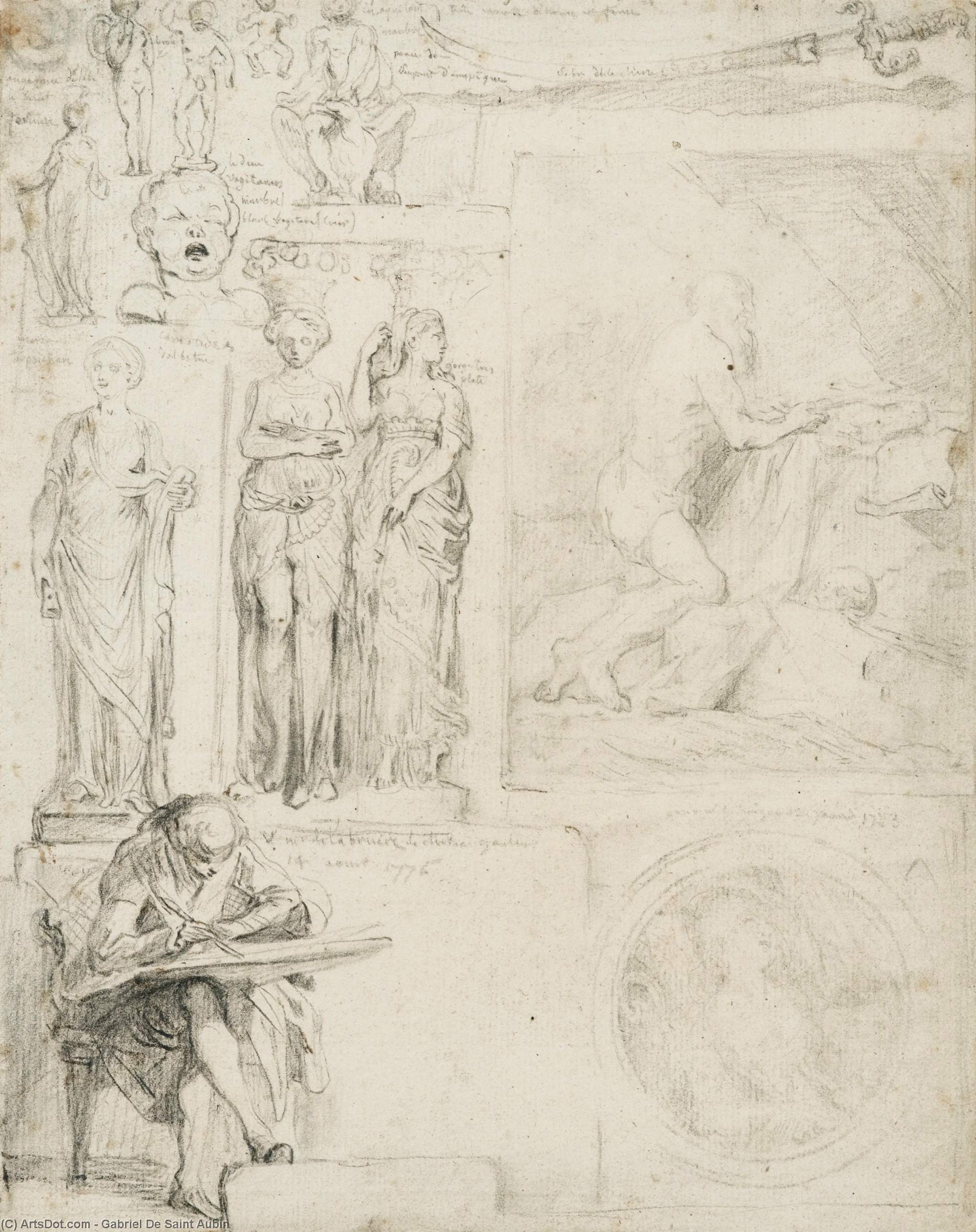 Page Of Sketches, Foreground A Draftsman Seated, His Portfolio On His Knees. — Gabriel Jacques De Saint Aubin