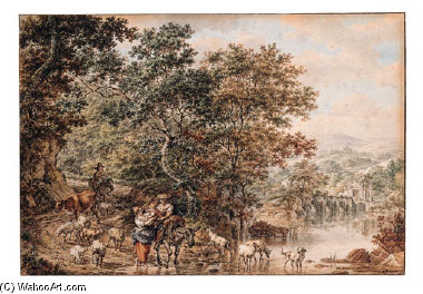 Herdsmen With A Child And Cattle By A River In An Italianate Landscape — Jacob Cats