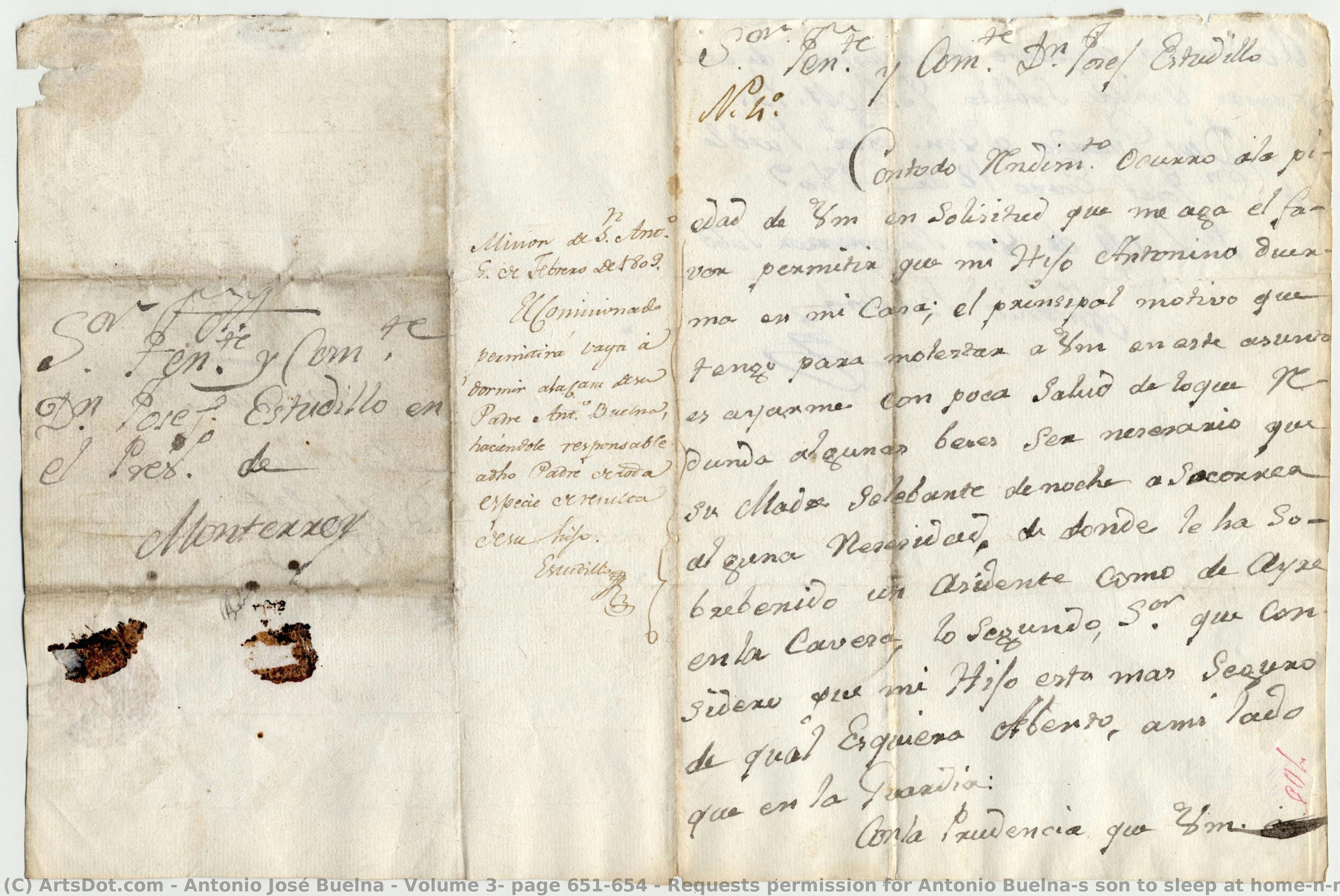 Volume 3, Page 651-654 / Requests Permission For Antonio Buelna’s Son To Sleep At Home\n\npage 1 — Antonio José Buelna