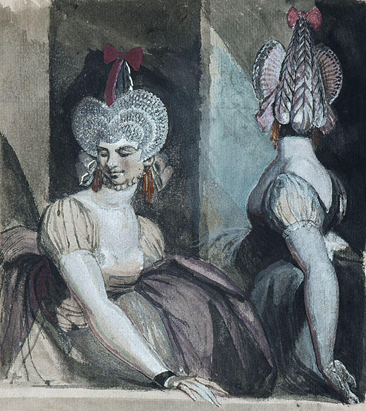 Two Courtesans With Fantastic Hairstyles And Hats — Johann Heinrich Füssli