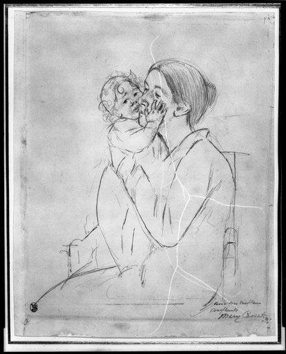Mother Holding Up A Baby Who Pats Her Cheek — Mary Stevenson Cassatt