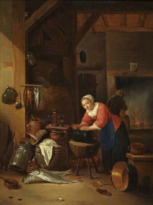 Interior With Women, Fish And Kettles — Hendrik Martensz Sorgh