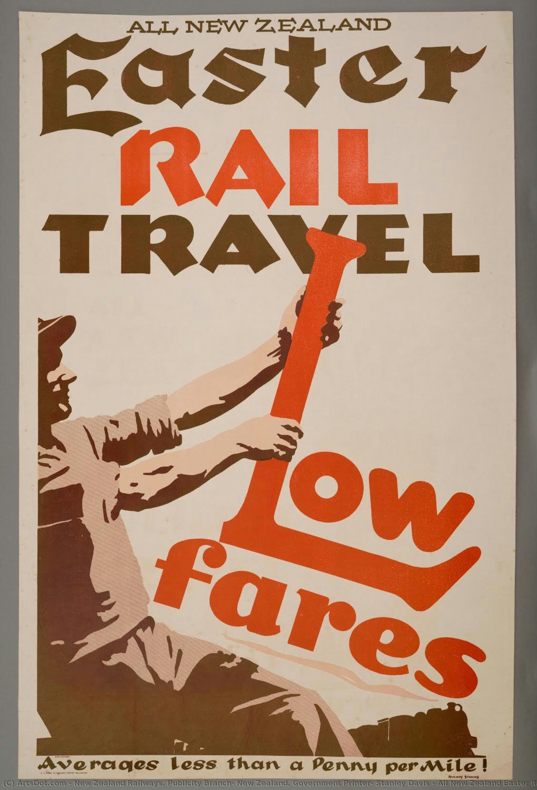 All New Zealand Easter Rail Travel Low Fares: Average Less Than A Penny Per Mile! — New Zealand Railways. Publicity Branch, New Zealand. Government Printer, Stanley Davis