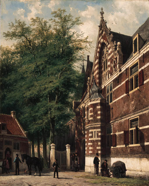 Figures Before The Great Church, Edam — Cornelis Springer
