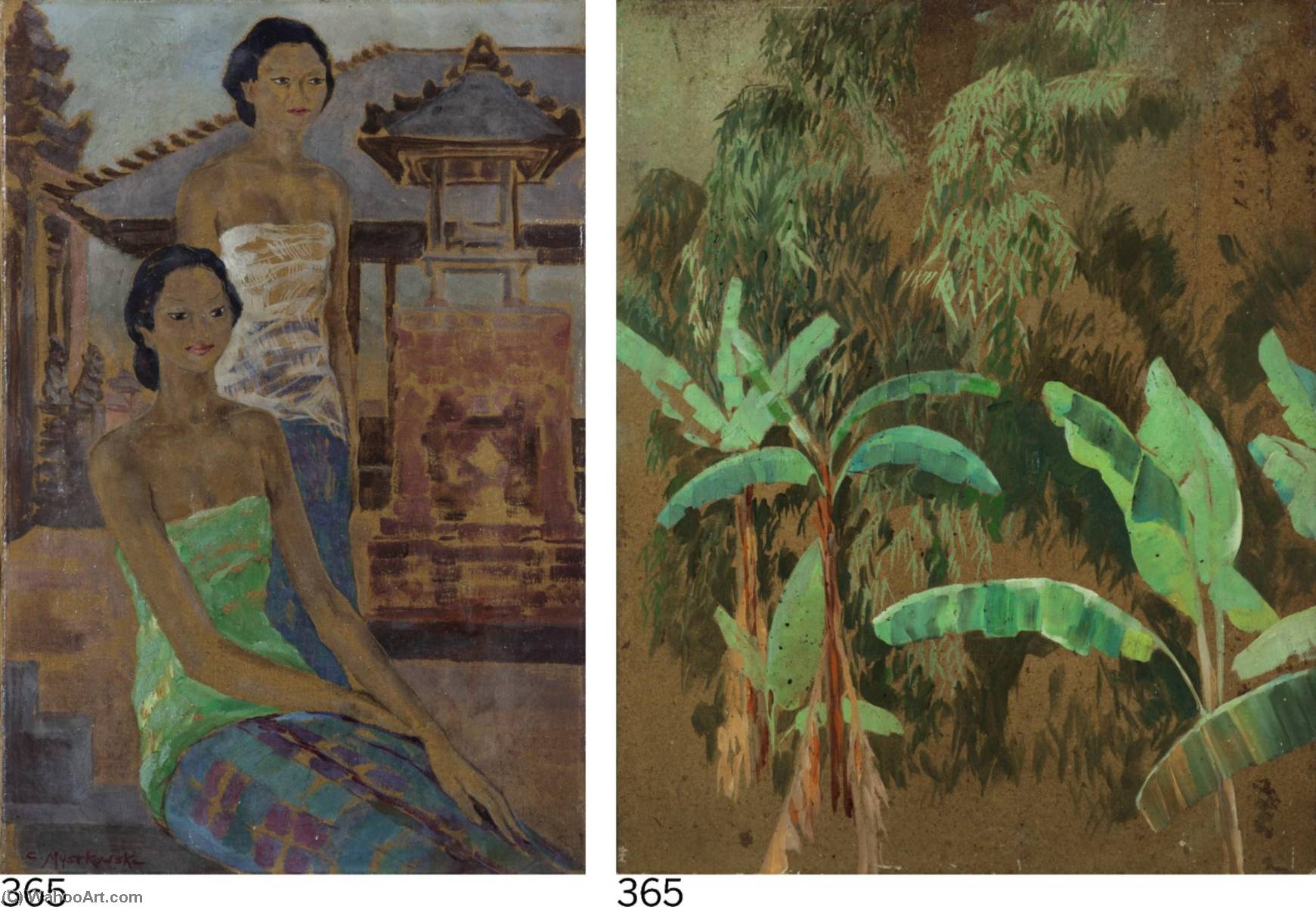(i) Two Balinese Ladies (ii) Jungle Village Scene — Czeslaw Mystkowski